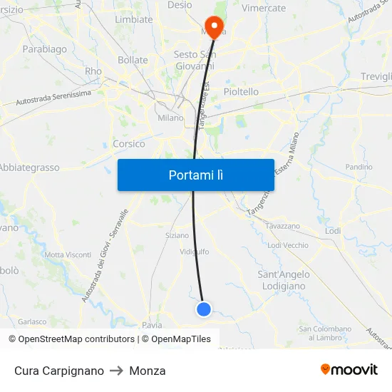 Cura Carpignano to Monza map