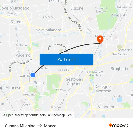 Cusano Milanino to Monza map