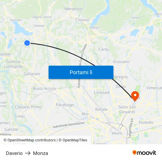 Daverio to Monza map
