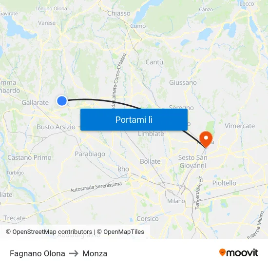 Fagnano Olona to Monza map