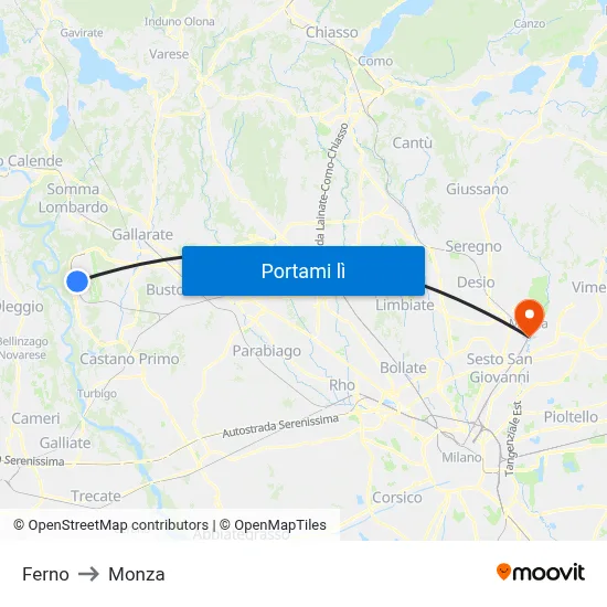 Ferno to Monza map