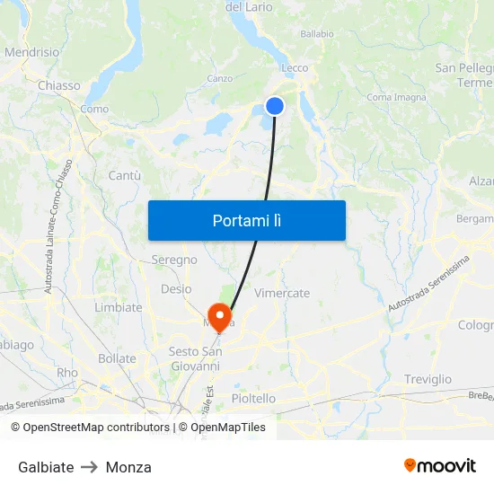 Galbiate to Monza map