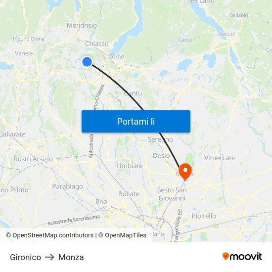 Gironico to Monza map