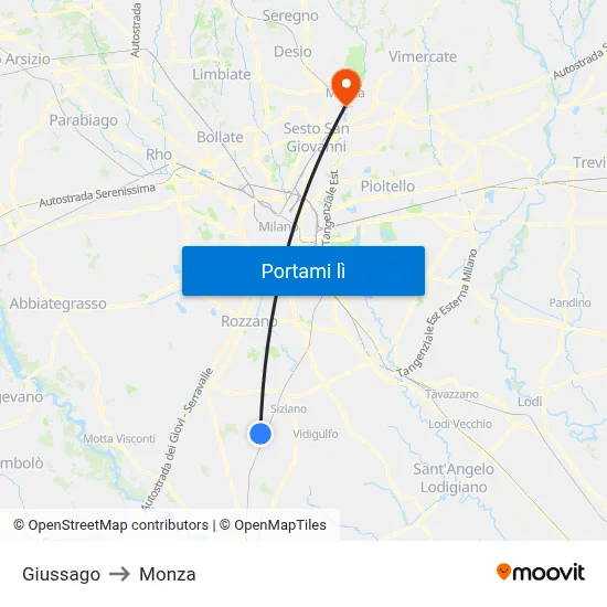 Giussago to Monza map