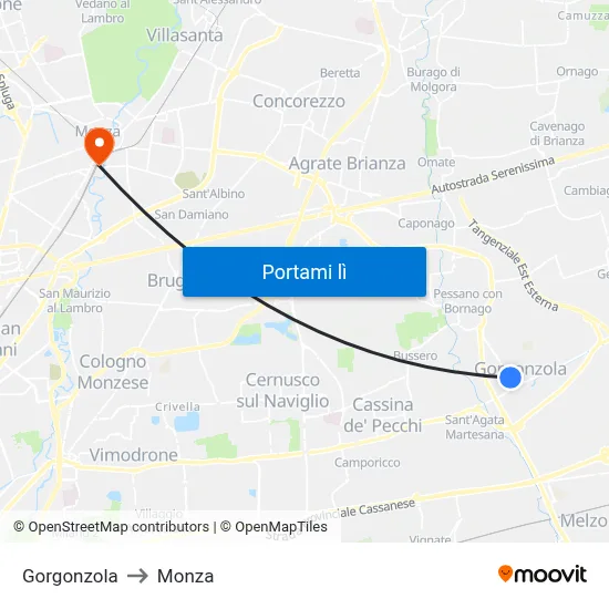 Gorgonzola to Monza map