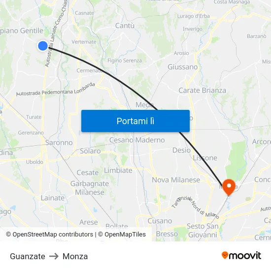 Guanzate to Monza map