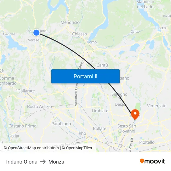 Induno Olona to Monza map