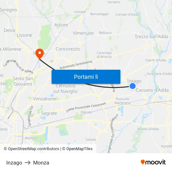 Inzago to Monza map