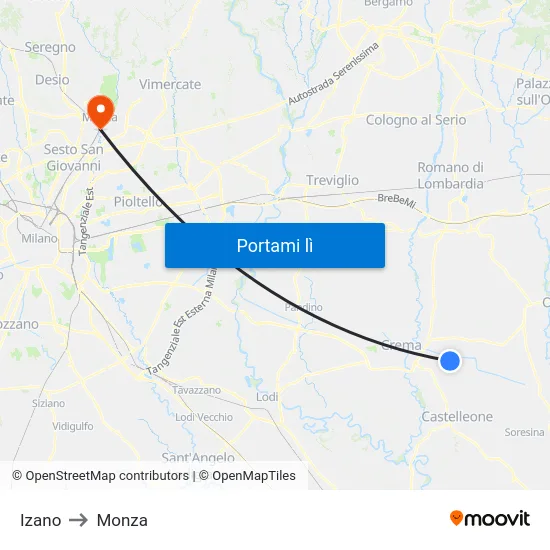 Izano to Monza map