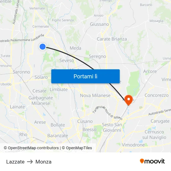 Lazzate to Monza map