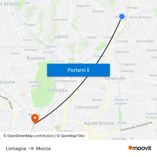 Lomagna to Monza map