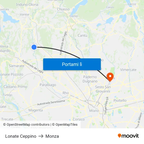 Lonate Ceppino to Monza map