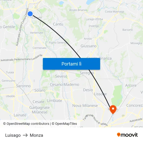 Luisago to Monza map