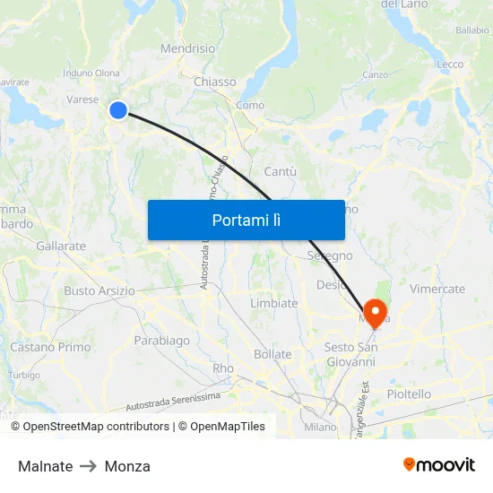 Malnate to Monza map