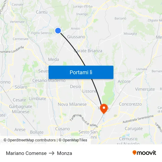 Mariano Comense to Monza map