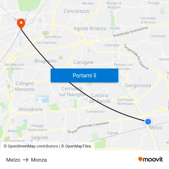 Melzo to Monza map