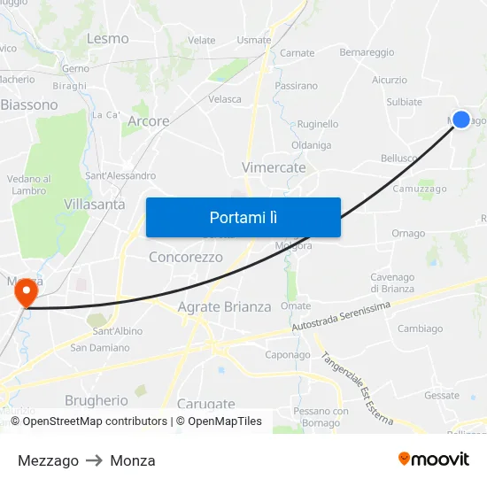 Mezzago to Monza map