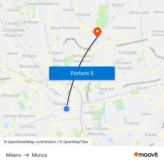 Milano to Monza map
