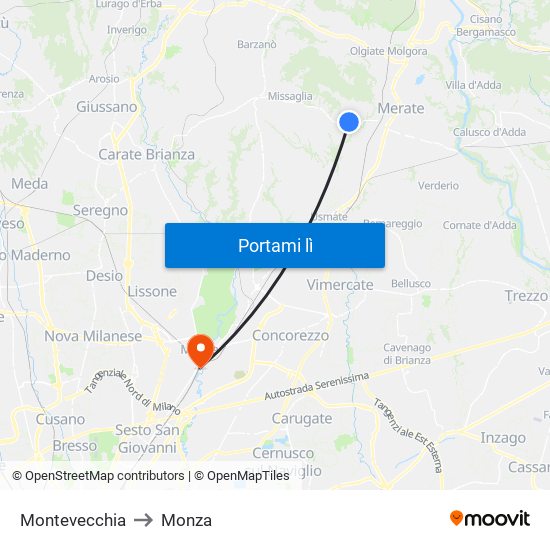 Montevecchia to Monza map