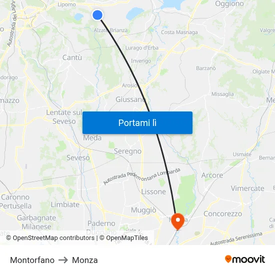 Montorfano to Monza map