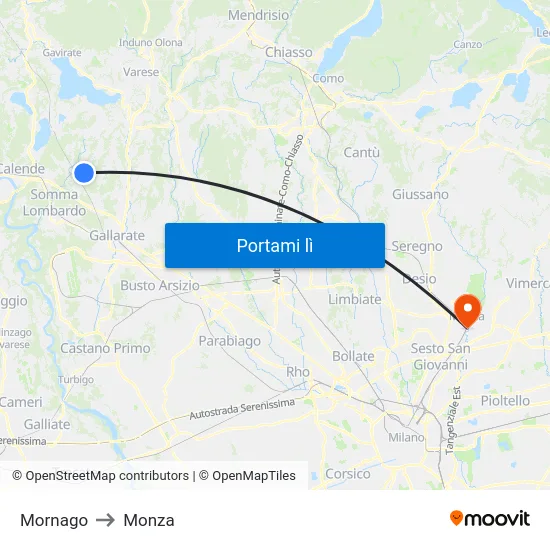 Mornago to Monza map