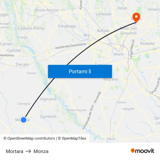 Mortara to Monza map