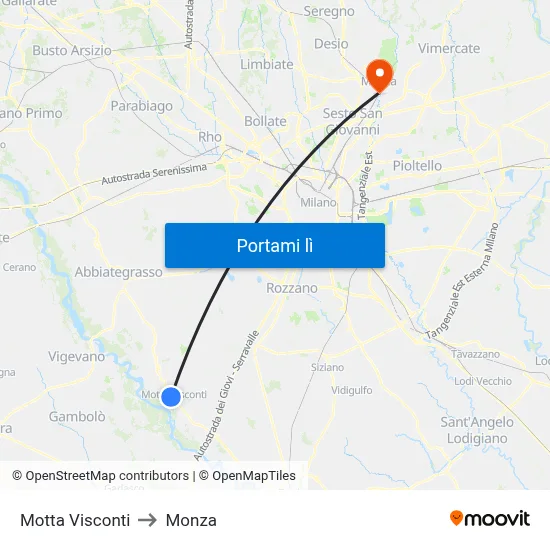 Motta Visconti to Monza map