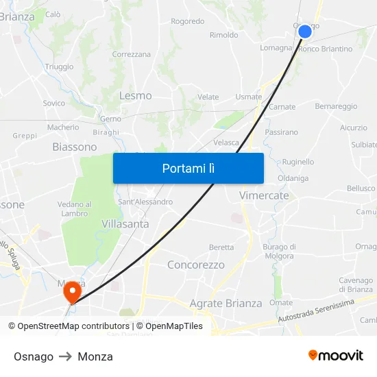 Osnago to Monza map