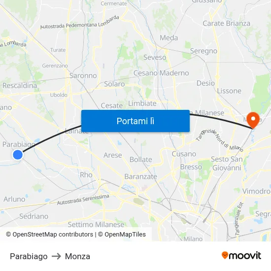 Parabiago to Monza map