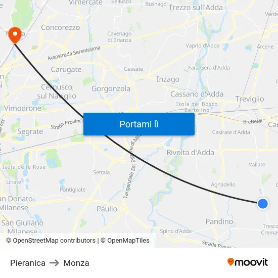 Pieranica to Monza map