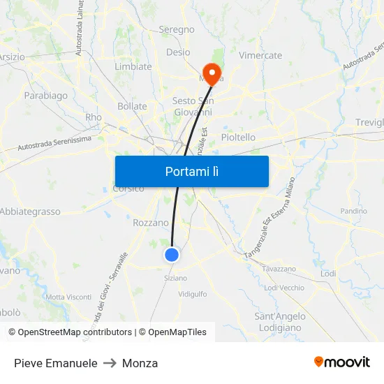 Pieve Emanuele to Monza map