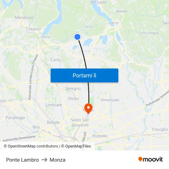 Ponte Lambro to Monza map