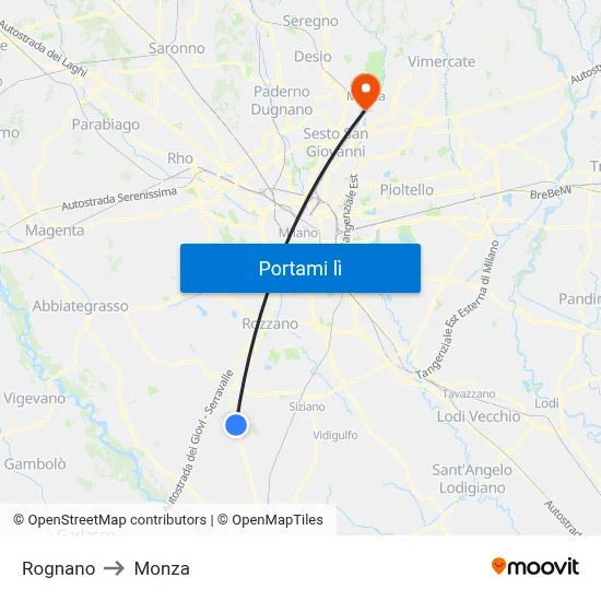 Rognano to Monza map