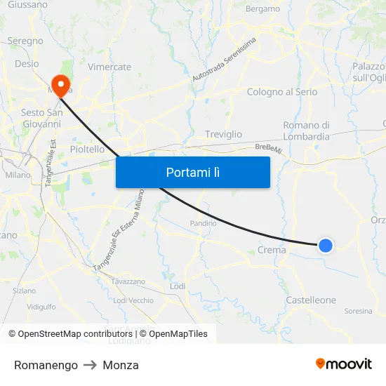 Romanengo to Monza map