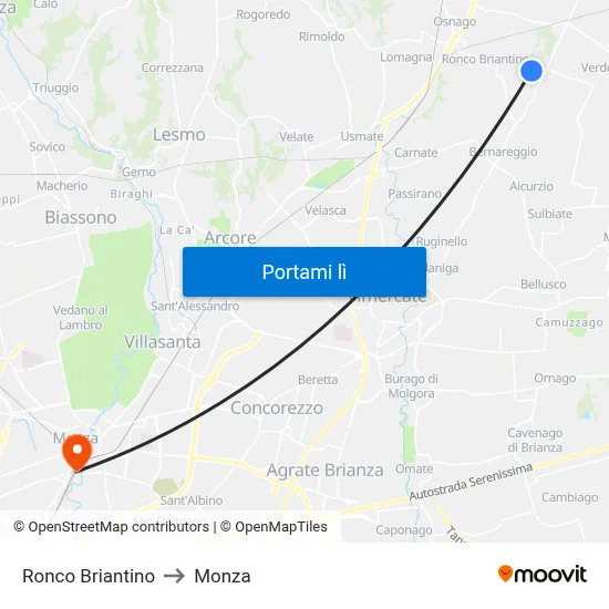 Ronco Briantino to Monza map