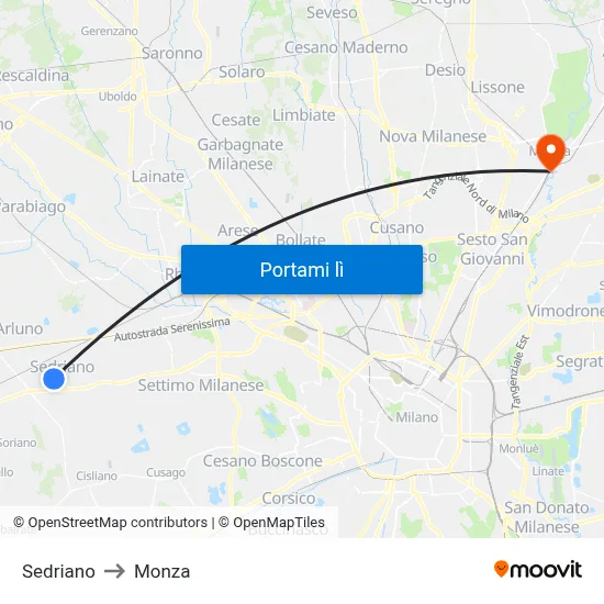 Sedriano to Monza map