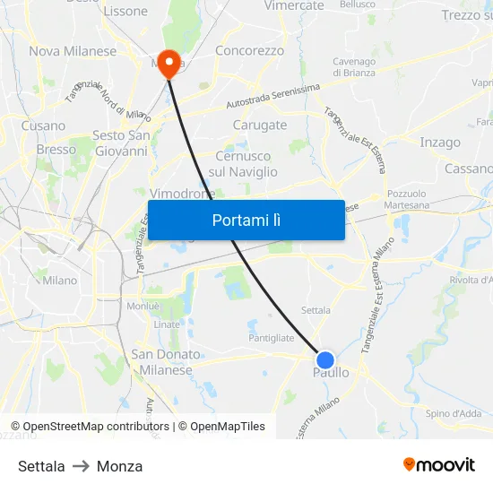 Settala to Monza map