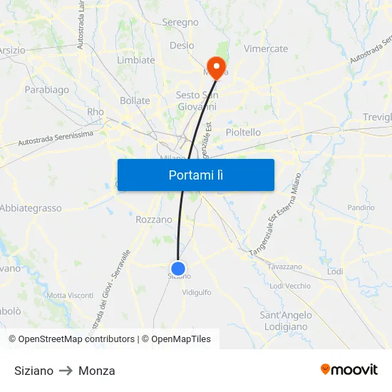 Siziano to Monza map