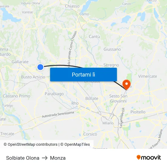 Solbiate Olona to Monza map