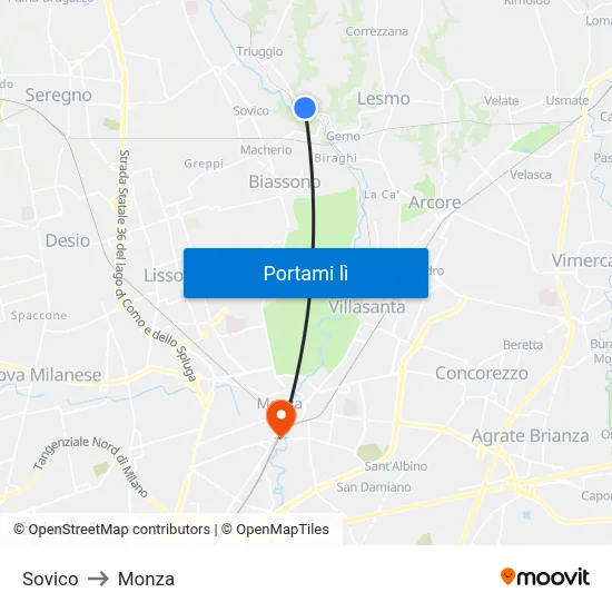 Sovico to Monza map