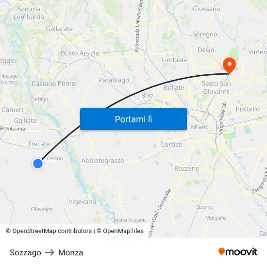 Sozzago to Monza map