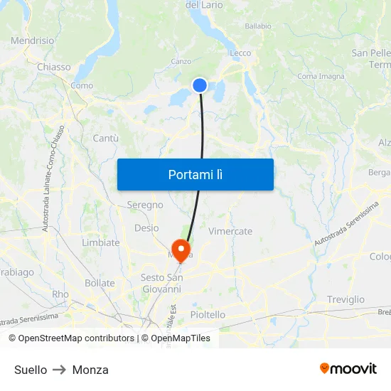 Suello to Monza map