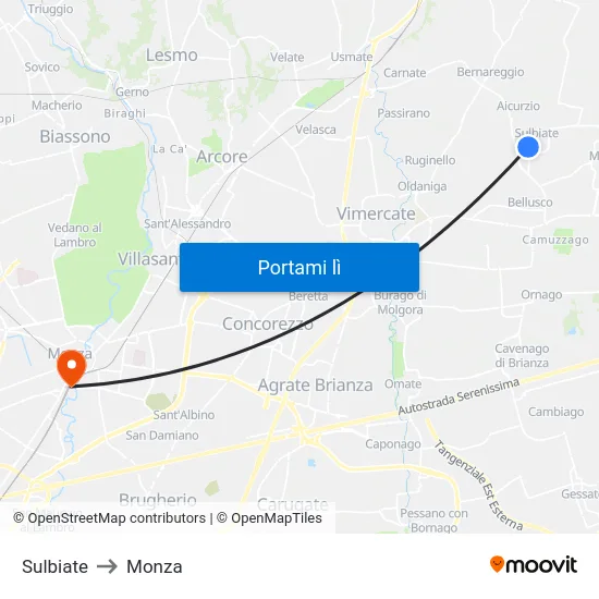 Sulbiate to Monza map