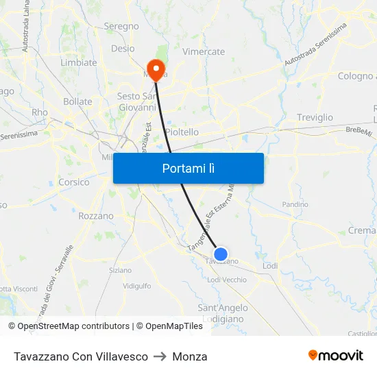 Tavazzano Con Villavesco to Monza map