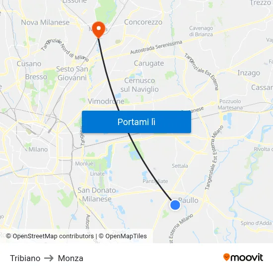 Tribiano to Monza map