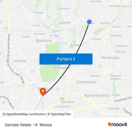 Usmate Velate to Monza map