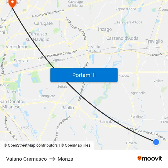 Vaiano Cremasco to Monza map