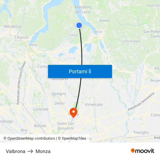 Valbrona to Monza map