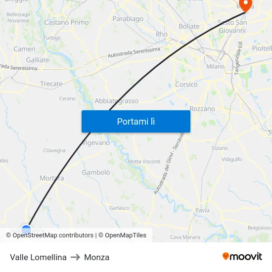 Valle Lomellina to Monza map