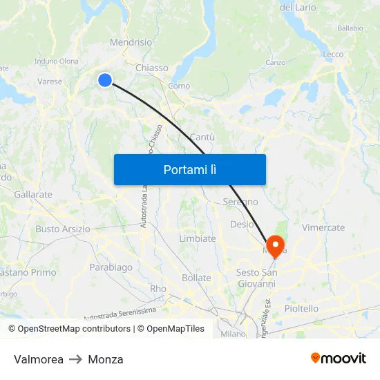 Valmorea to Monza map